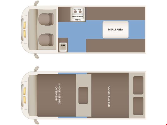 Daytime and nighttime layouts of the Talvor Hitop camper van.
