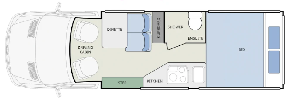 Floor plan of a Winnebago Bondi 4S campervan.