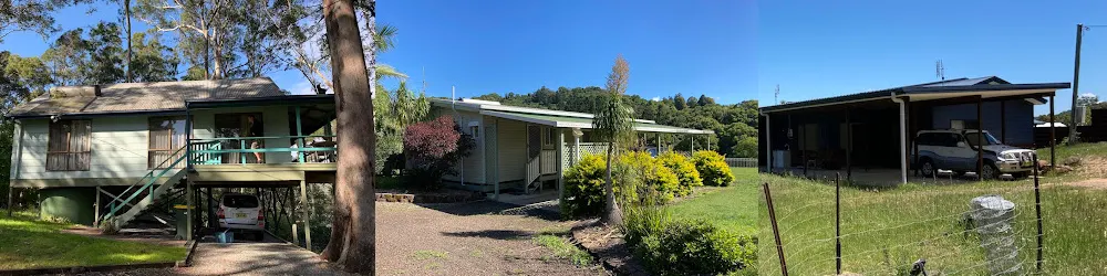 Three different houses with greenery around them and blue skies above.