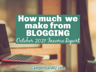 Red laptop on a table in a camper van with text: How much we make from blogging October 2021 income report.