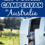 Woman sitting in the doorway of a white campervan looking out to a green hill, with words: Where to buy an ex-rental campervan in Australia.