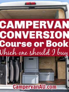 Looking through the open rear doors of a converted campervan, with text: Campervan conversion course or book. Which one should I buy?