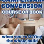 Inside a partially finished self build campervan, with text that reads: Finding the right campervan conversion course or book when you're DIYing the whole build & you're in Australia.