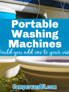 Portable washing machine outside an RV with buckets around it and text that says: Portable Washing Machines - would you add one to your van?