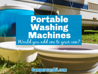 Portable washing machine outside an RV with buckets around it and text that says: Portable Washing Machines - would you add one to your van?