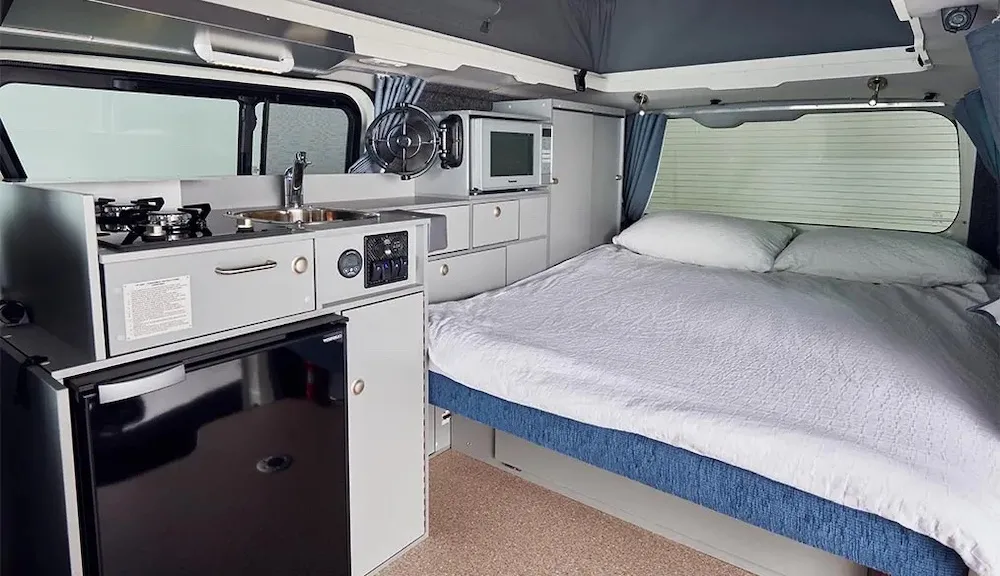 Internal view of the Toyota Hiace Frontline camper van.