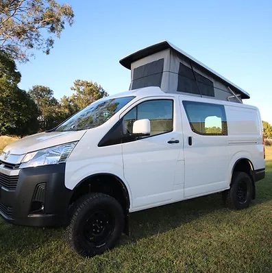 Exterior view of the Jacana Hiker Toyota Hiace campervan showing the pop up roof conversion.