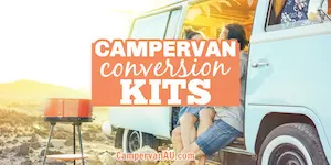 Couple sitting outside their vintage camper van, with text: Campervan conversion kits.