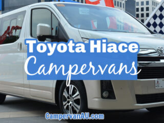 New model of the Toyota Hiace van with text that reads: Toyota Hiace campervans.