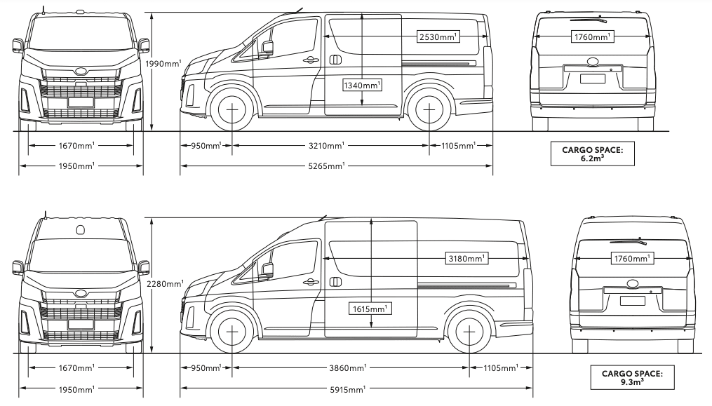 Diagram of the dimensions of the Toyota Hiace LWB and SLWB vans.
