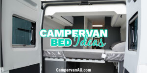 Interior of campervan looking in through the rear doors at the bed platform with text: Campervan bed ideas.