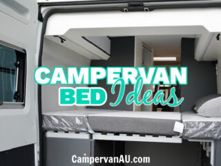 Interior of campervan looking in through the rear doors at the bed platform with text: Campervan bed ideas.