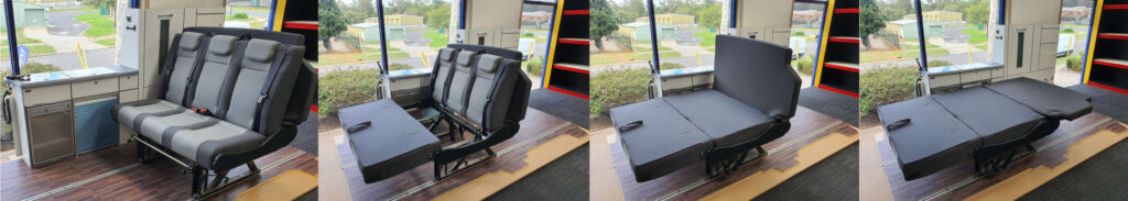 Photo collage of the rock and roll bed for campervans showing the conversion from seat to bed.