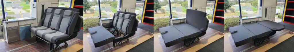 Photo collage of the rock and roll bed for campervans showing the conversion from seat to bed.