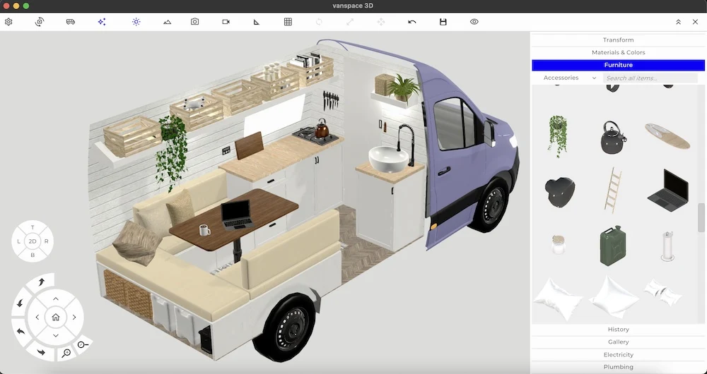 3D view of campervan design layout.