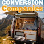 Rear of a campervan with the door up showing the kitchen set up, with text that reads: Where to find van conversion companies in Australia.