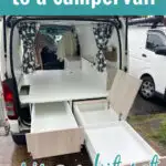 Small campervan with text that reads: Converting a van to a campervan using a kit set.