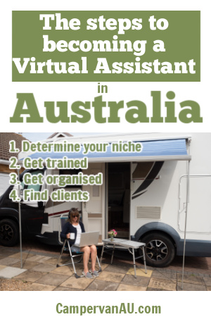 Woman sitting outside RV with a cup of tea; with text that reads: Steps to becoming a virtual assistant in Australia.