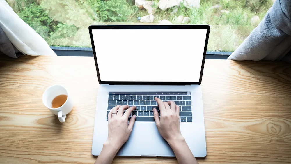 Looking down on a person using a laptop. They are siting in front of a window showing greenery outside.