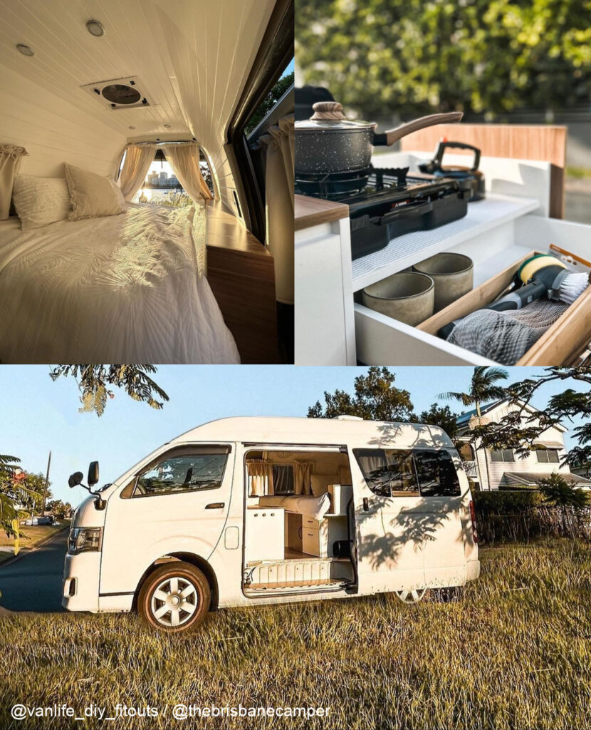 Collage of the interior and exterior of an Australian camper van.