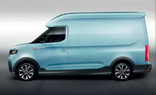 Light blue ACE V1 Transformer electric van seen from the side.