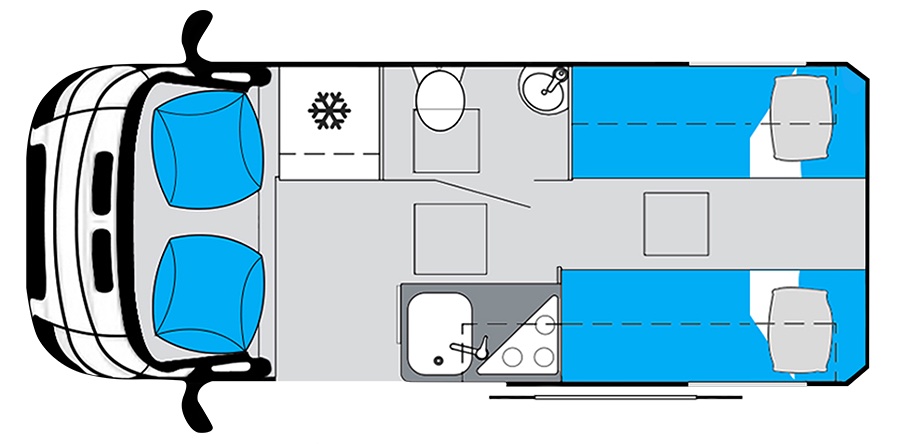 Floor plan of the Emu RV LWB campervan with 2 single beds.