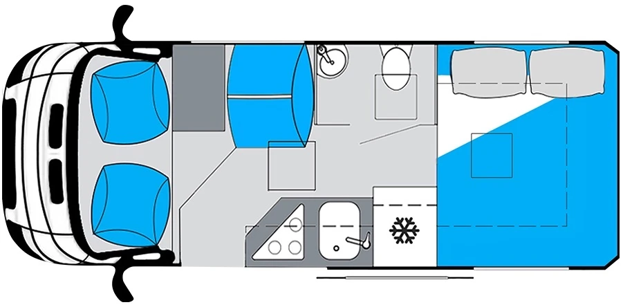 Layout of the Emu RV E4S campervan with a double bed across the rear of the van.