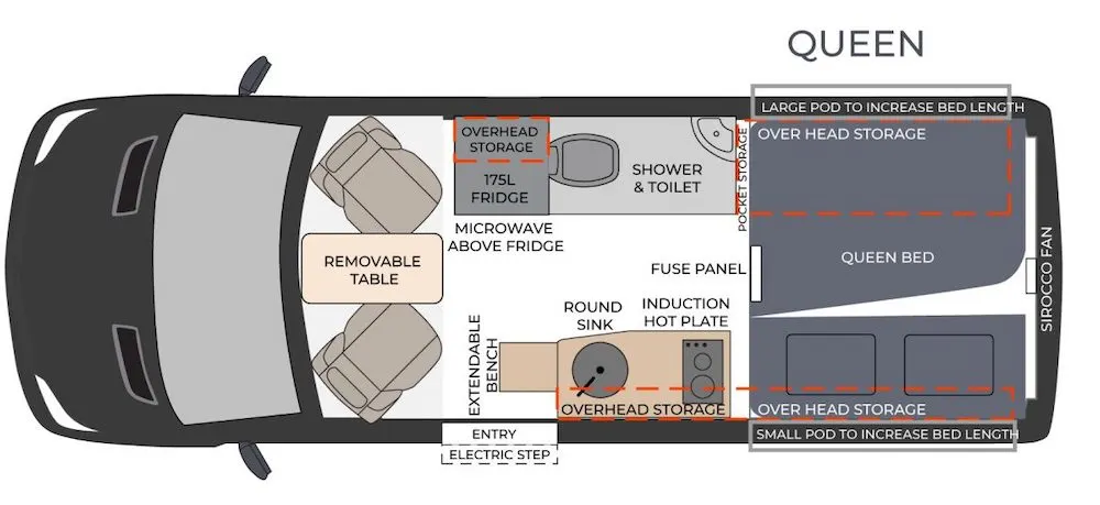 Floor plan of the Horizon Boronia camper van.