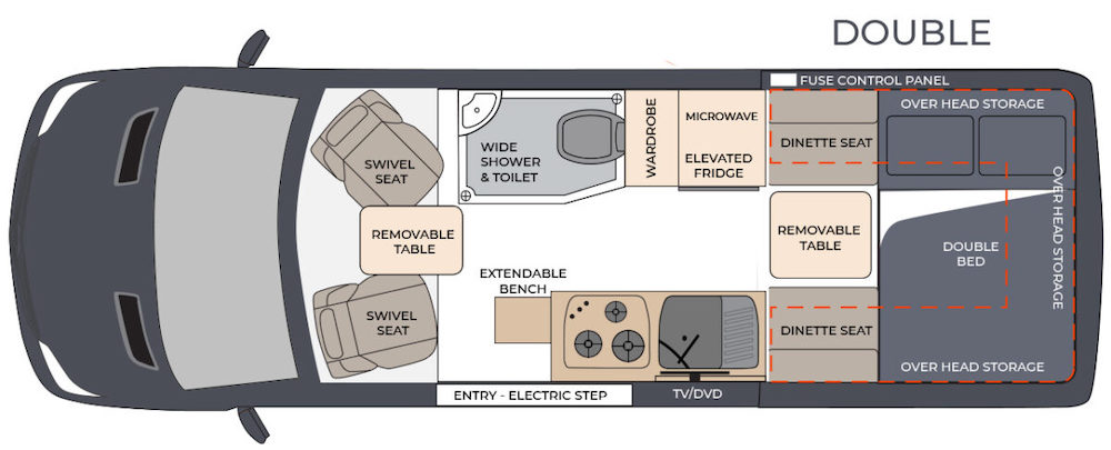 Floor plan of the Horizon Casuarina with a fixed double bed.