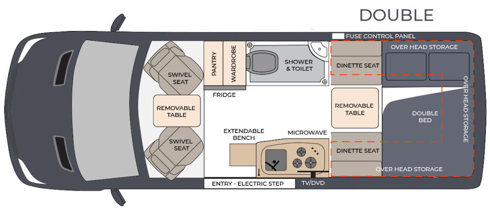 Floor plan of the Horizon Melaluca motorhome with a double bed across the rear of the van.
