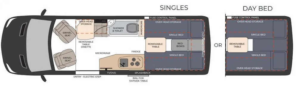 Floor plan of the Horizon Waratah motorhome with single beds.