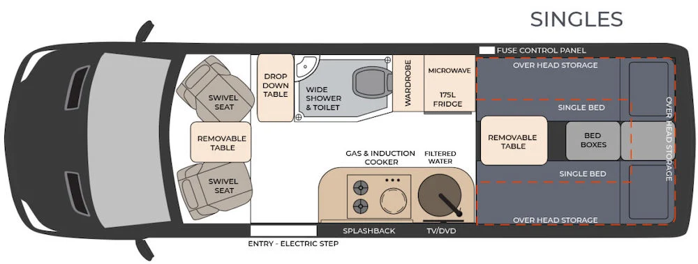 Floor plan of the Horizon Wattle motorhome with single beds.