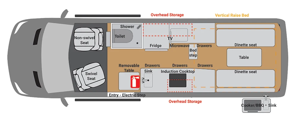 Floor plan diagram of a Kimberlery Kruisewagen campervan.