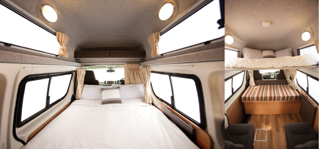 Collage of 2 photos of the interior of the Talvor Endeavour camper van showing the two double beds.