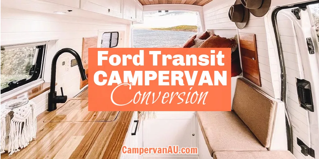 Interior of a campervan with orange decor, and text overlay that reads: Ford Transit campervan conversion.