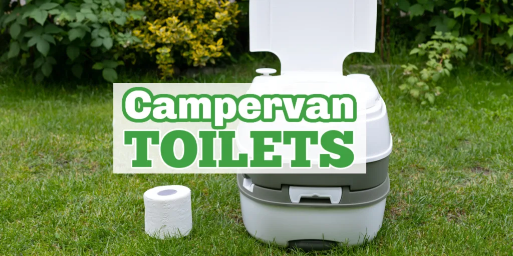 Portable toilet and a roll of toilet paper sitting on a green lawn, with text overlay that reads: Campervan toilets.