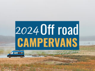 Blue campervan in a remote grasslands, with text overlay: 2024 Off Road Campervans.