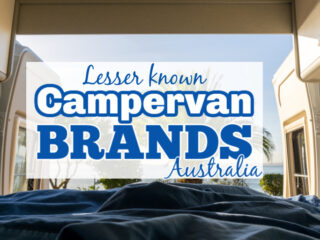 Looking out through the rear doors of a camper van with blue sky and palm trees outside. Text overlay reads: Lesser known campervan brands Australia.