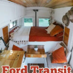 Interior of a campervan showing the bed, with text overlay that reads: Tour this Ford Transit Campervan.