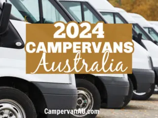 Line of white vans ready for sale, with text: 2024 Campervans Australia.