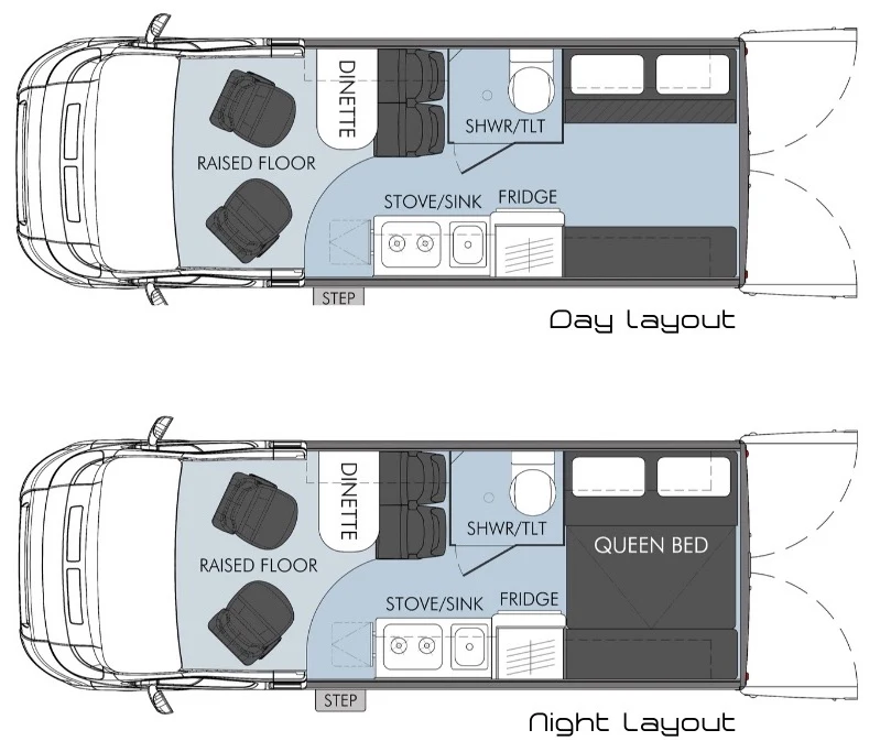 Floor plan of a Windsor Otway campervan showing the daytime and nighttime layouts.