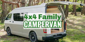 Campervan with rear door open showing bed inside, and text overlay that reads, 4x4 family campervan.