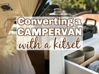 Two photos showing the bed and kitchen drawers of a campervan with text overlay: Converting a campervan with a kitset.