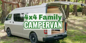 Two toned Toyota Hiace campervan with the rear door open showing the bed inside, with text overlay that reads; 4x4 Familly Campervan.