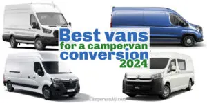 Collage of 4 vans with text overlay: Best vans for a campervan conversion 2024.