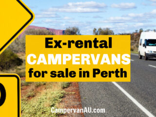 White van on a rural road with text overlay: Ex-rental campervans for sale in Perth.