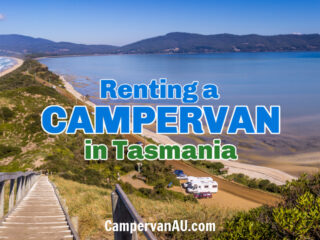 Scenic shot from the Neck lookout on Bruny Island, Tasmania Australia; with text overlay that reads: Renting a campervan in Tasmania.