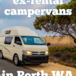 White van on an outback road with text overlay: Where to buy ex rental campervans in Perth WA.