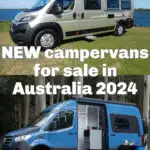 Two photos of a campervan parked in outdoor settings with text overlay that reads: New campervans for sale in Australia 2024.