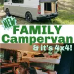 Two photos showing the inside and outside of a Toyota Hiace camper van, with text over the top which reads: New family campervan & it's 4x4!